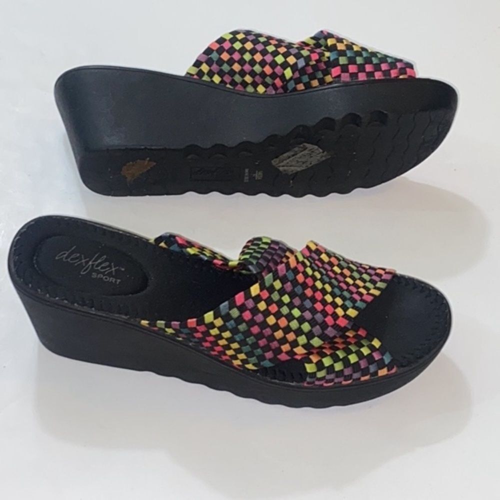 Y2K Dexflex Sports Rainbow Check Stretch Chunky Women's Multicolor Wedge Sandals - Picture 5 of 10